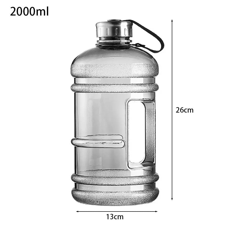 Valour Fit 2L PETG gym water bottle with carry handle, clear plastic design and secure lid for easy hydration during workouts.