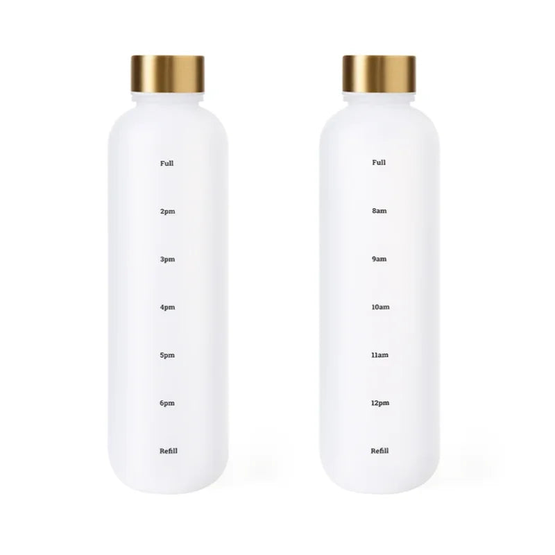 Valour Fit 1L motivational water bottle with time marker, clear plastic design and leak-proof lid for hydration tracking.