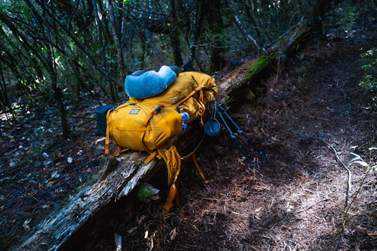 Yellow backpack resting on a fallen tree in a forest.