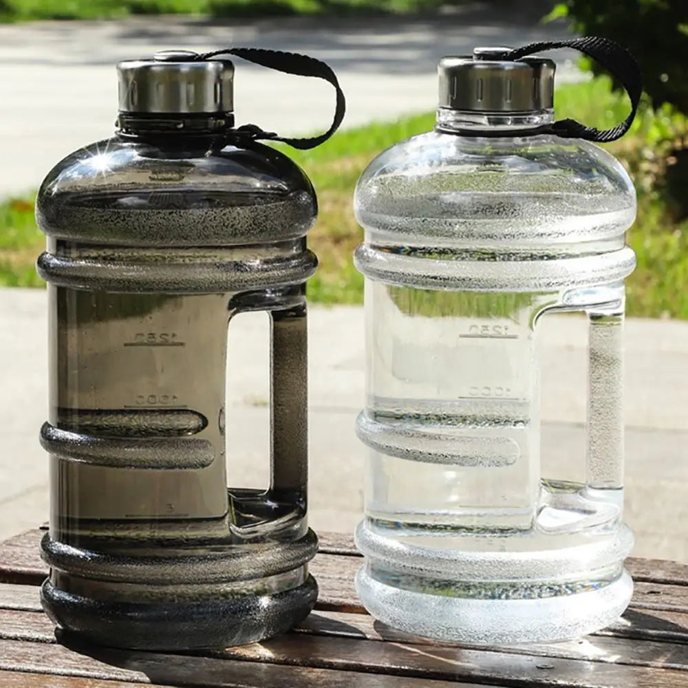 Valour Fit 2L PETG gym water bottle with carry handle, clear plastic design suitable for sports and outdoor activities.