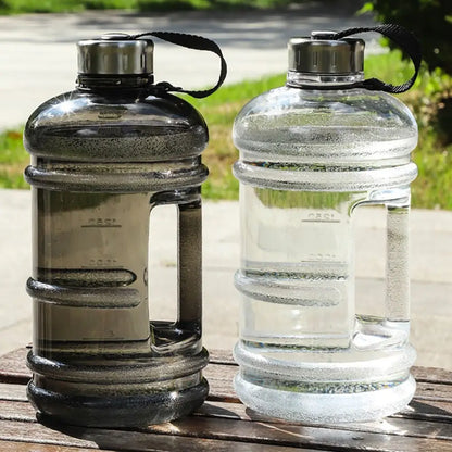 Valour Fit 2L PETG gym water bottle with carry handle, clear plastic design suitable for sports and outdoor activities.