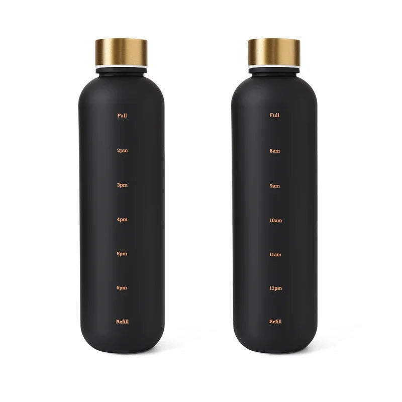 Valour Fit 1L motivational water bottle with time marker, clear plastic, sports cap, and measurement markings for hydration tracking