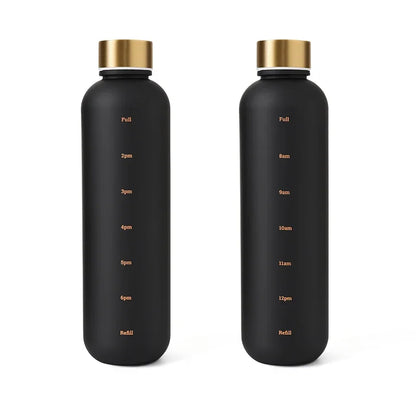 Valour Fit 1L motivational water bottle with time marker, clear plastic, sports cap, and measurement markings for hydration tracking