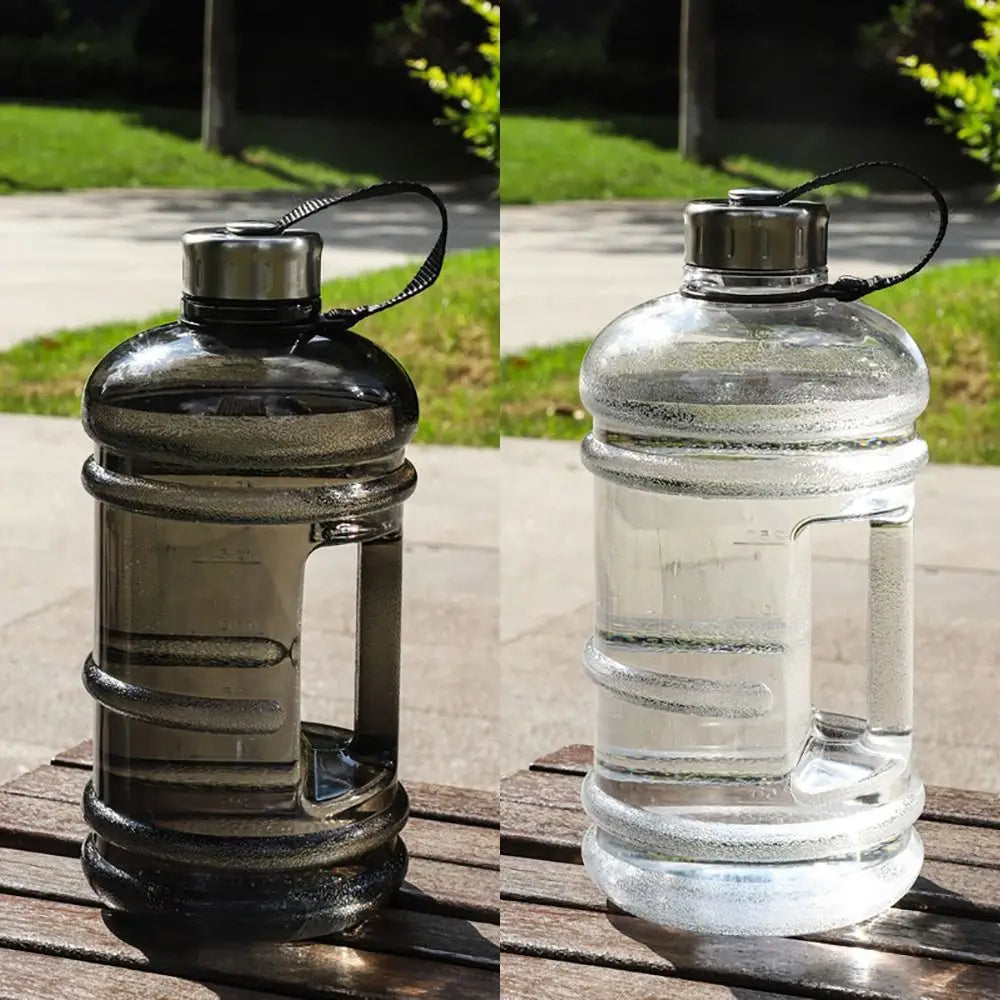 Valour Fit 2L PETG gym water bottle with carry handle, transparent container for sports hydration