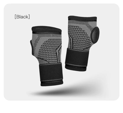 Valour Fit adjustable wrist support for gym and sports, showing a flexible, padded wrist brace on a person's wrist.