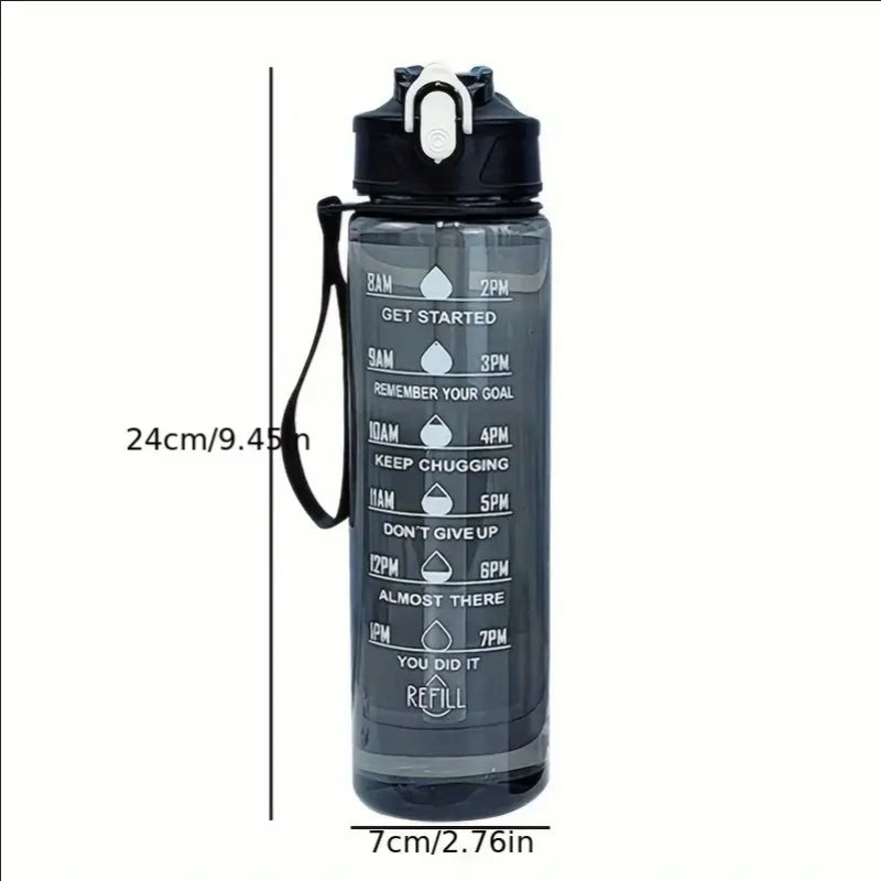 Valour Fit 800ml motivational sports water bottle with time marker and ergonomic design for hydration during workouts.