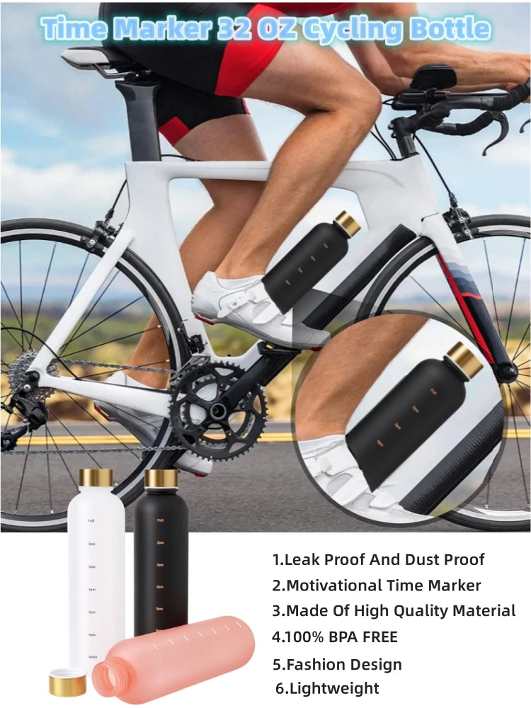 Valour Fit 1L motivational water bottle with time marker, clear plastic with measurement lines and a screw-on lid, designed for hydration.