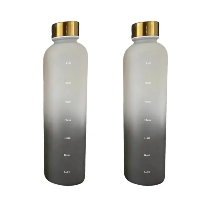 Valour Fit 1L motivational water bottle with time marker, clear plastic design and leak-proof lid for hydration tracking.