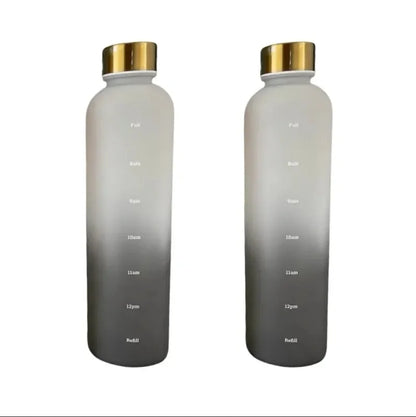 Valour Fit 1L motivational water bottle with time marker, clear plastic design and leak-proof lid for hydration tracking.