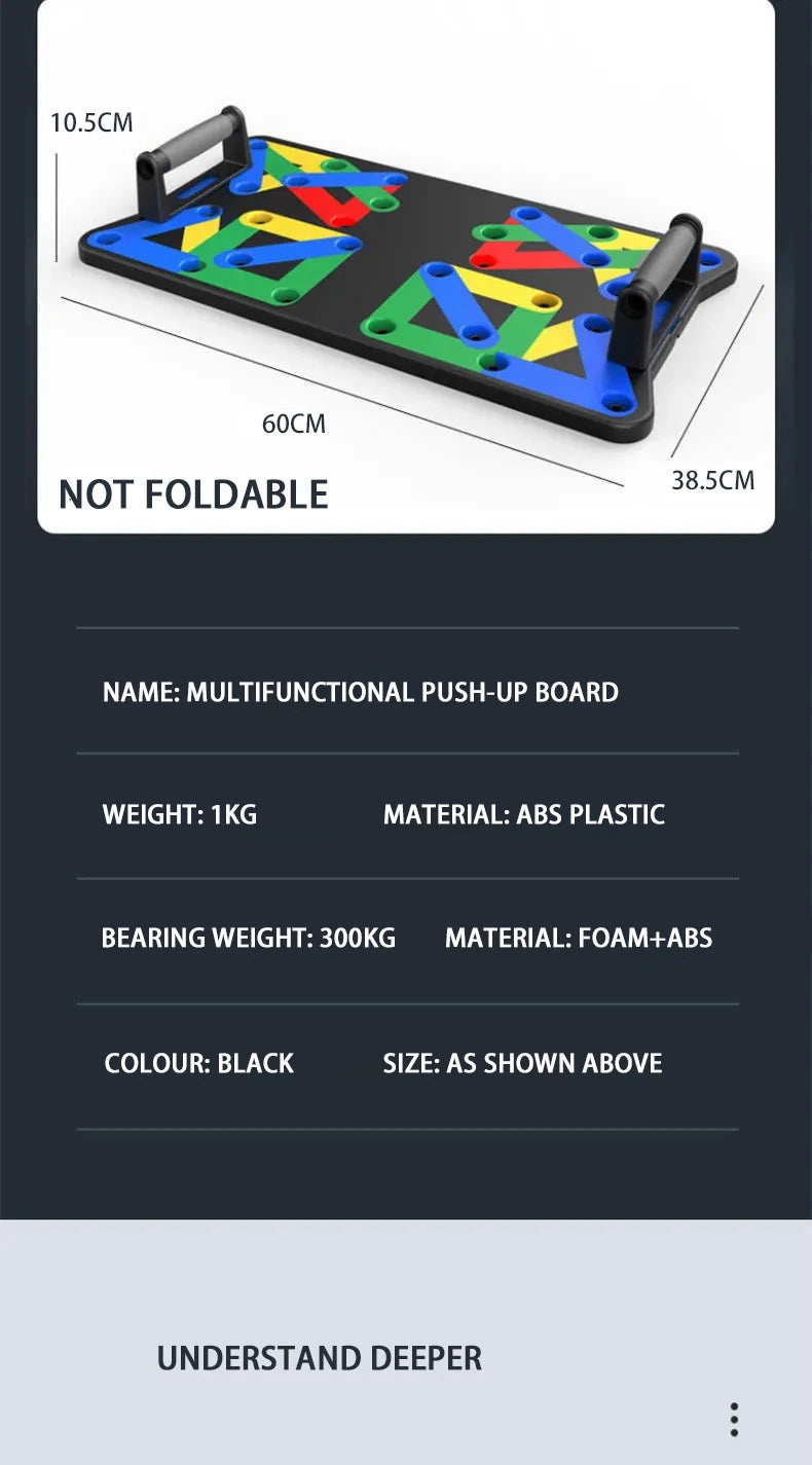 Foldable Valour Fit push-up board with adjustable handles for strength training, showing the compact, foldable design and handle grips.