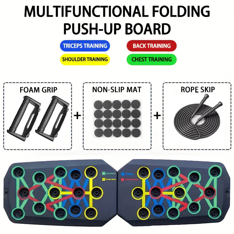 Valour Fit foldable push-up board with adjustable handles for strength training, showing the compact, foldable design and handle adjustments.