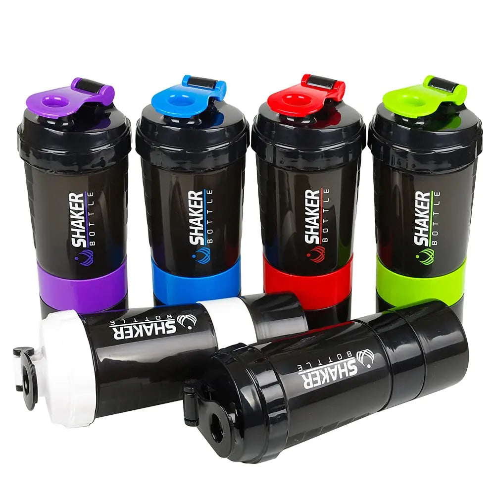 Valour Fit 3-layer protein shaker bottle with storage compartment, black and silver design for mixing and carrying protein drinks.