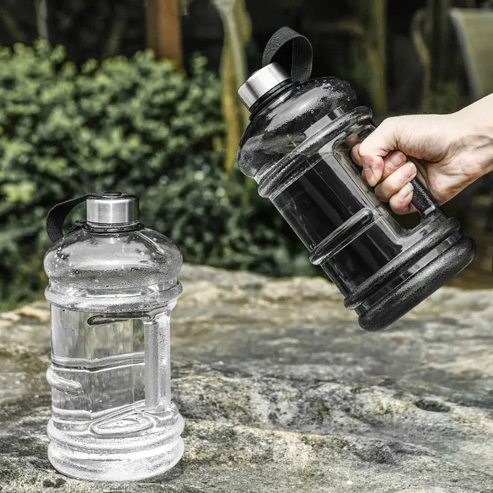 Valour Fit 2L PETG gym water bottle with carry handle showing a clear, durable plastic design for fitness and hydration.