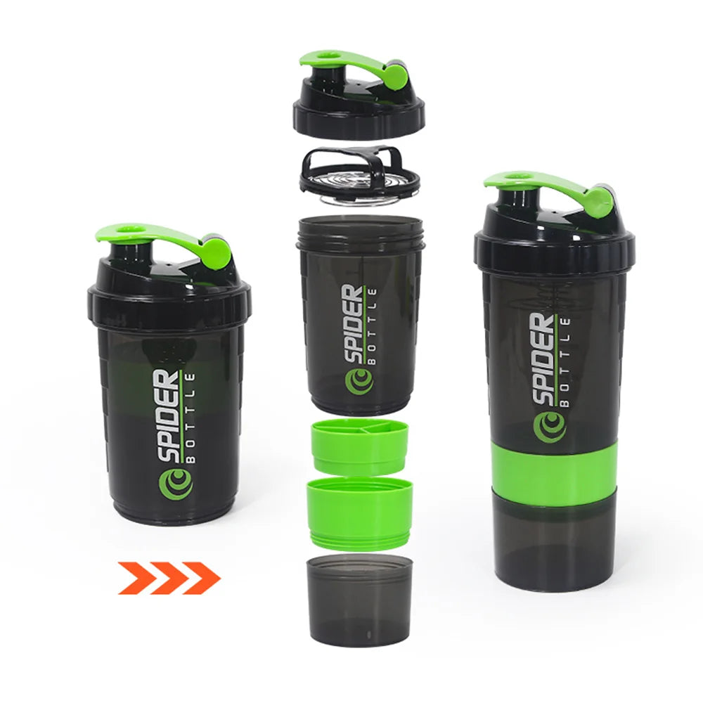 Valour Fit 3-layer protein shaker bottle with storage compartments for powders and supplements, black and clear design