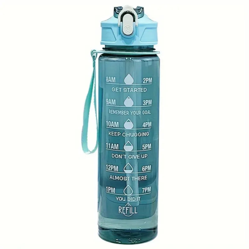 Valour Fit 800ml motivational sports water bottle with time marker, clear plastic container with measurement lines and leak-proof lid.