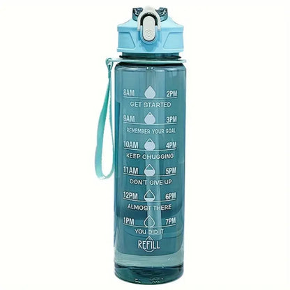Valour Fit 800ml motivational sports water bottle with time marker, clear plastic container with measurement lines and leak-proof lid.