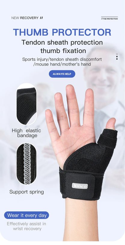 Valour Fit adjustable wrist and thumb support brace for gym and daily use, showing a black wrist support with straps and thumb hole.