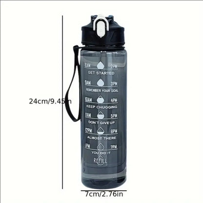 800ml Valour Fit sports water bottle with time marker for hydration tracking, featuring a sleek design and leak-proof lid.