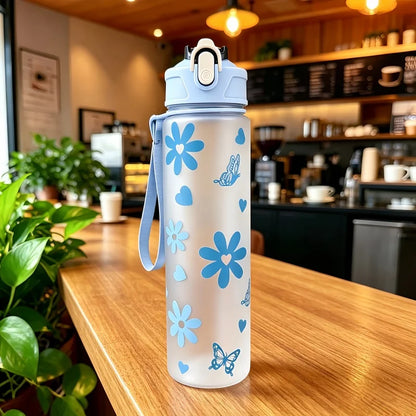 Valour Fit 800ml motivational sports water bottle with time marker, clear plastic design and leak-proof lid on white background.