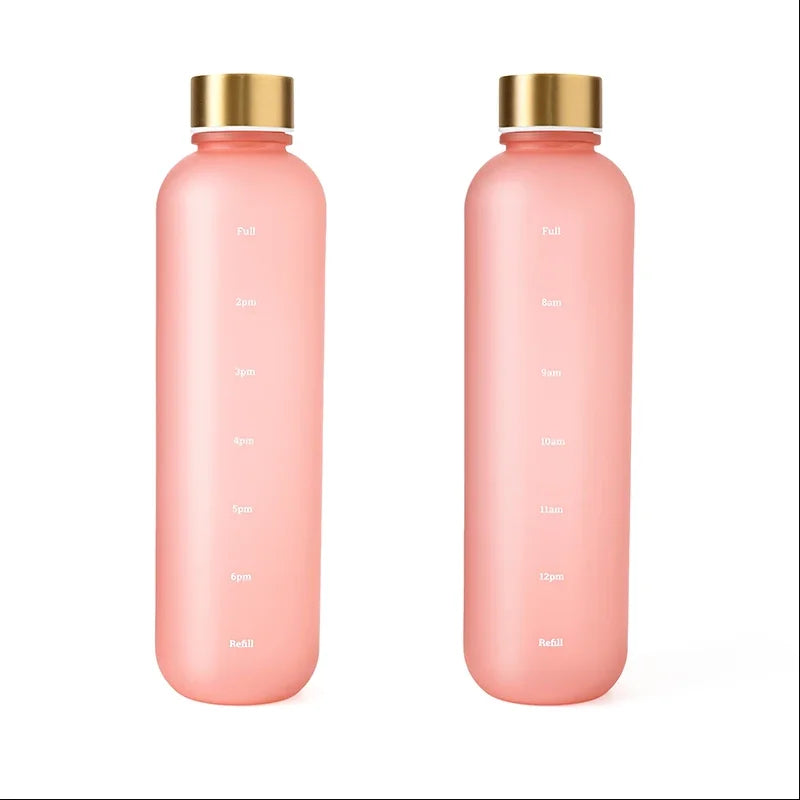Valour Fit 1L motivational water bottle with time marker, clear plastic design, ergonomic lid, and hydration measurements.