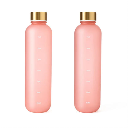 Valour Fit 1L motivational water bottle with time marker, clear plastic design, ergonomic lid, and hydration measurements.