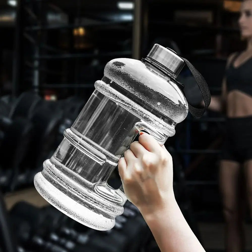 Valour Fit 2L PETG gym water bottle with carry handle, transparent and durable for workout hydration.