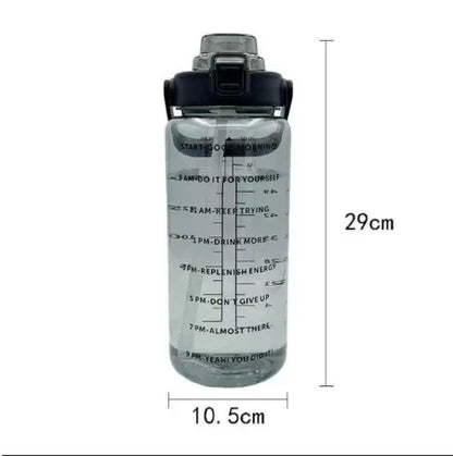 Valour Fit 2L straw water bottle with time marker, clear plastic design for tracking daily hydration.