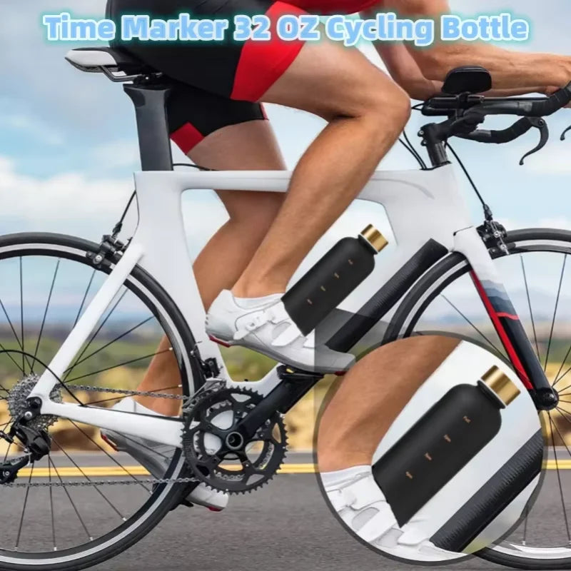 Valour Fit 1L motivational water bottle with time markers, transparent with blue accents, for tracking daily hydration.