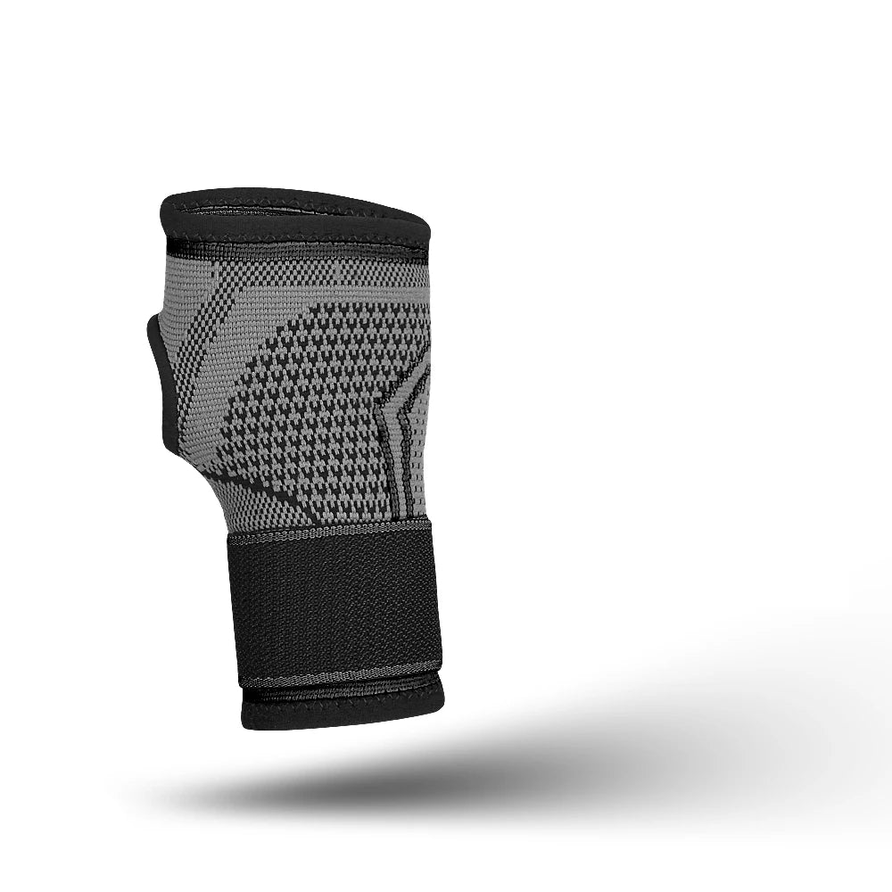Valour Fit adjustable wrist support for gym and sports, showing a black wrist brace with straps and padding for stability.