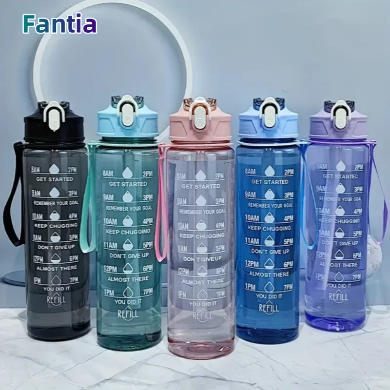 Valour Fit 800ml motivational sports water bottle with time marker, transparent plastic, with measurement and lid for hydration tracking