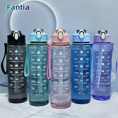 Valour Fit 800ml motivational sports water bottle with time marker, transparent plastic, with measurement and lid for hydration tracking