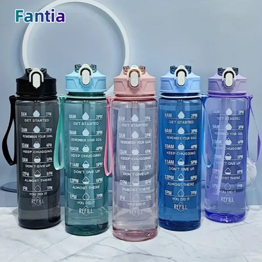 Valour Fit 800ml motivational sports water bottle with time marker, transparent plastic, with measurement and lid for hydration tracking