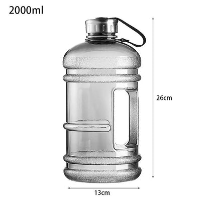 Valour Fit 2L PETG gym water bottle with carry handle, clear plastic design and secure lid for easy hydration during workouts.