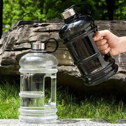 Valour Fit 2L PETG gym water bottle with carry handle, clear durable plastic container for hydration during workouts.