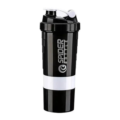 Valour Fit 500ml protein shaker bottle with powder storage, black plastic bottle with twist cap and integrated mixing ball.