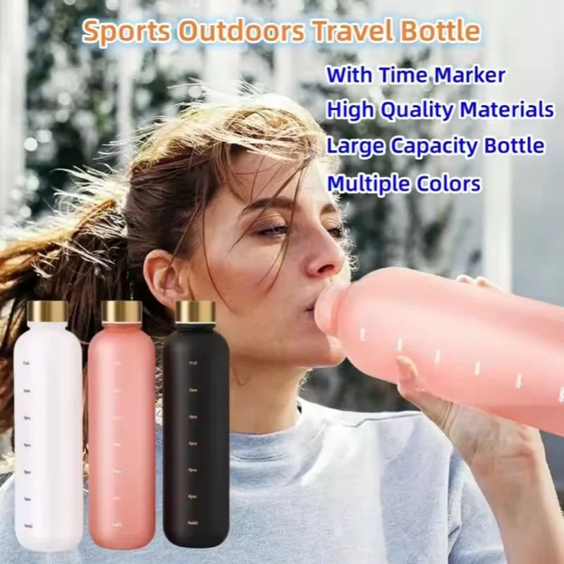 Valour Fit 1L motivational water bottle with time marker, clear plastic design, and durable lid for hydration tracking