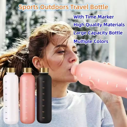 Valour Fit 1L motivational water bottle with time marker, clear plastic design, and durable lid for hydration tracking