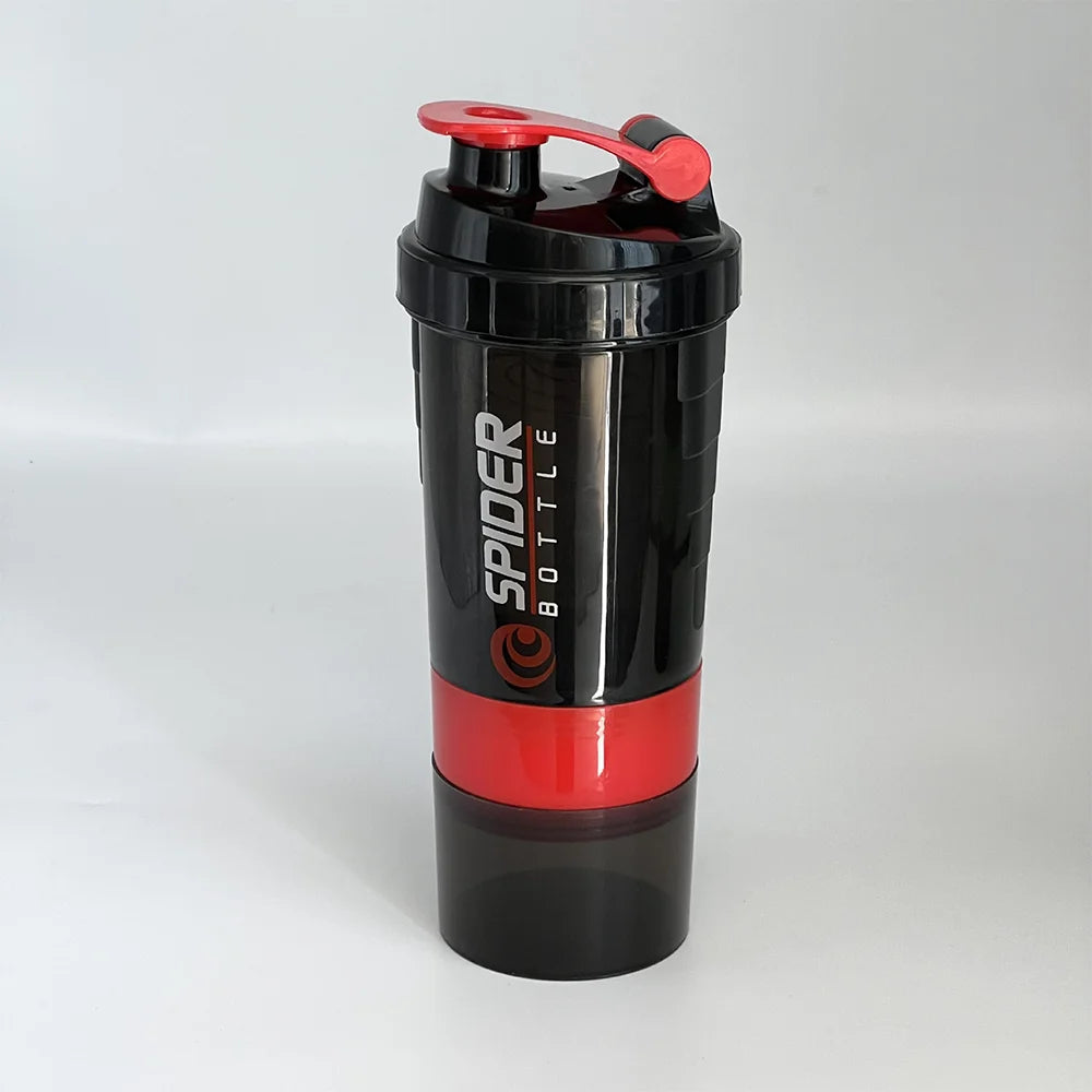 Valour Fit 3-layer protein shaker bottle with storage compartment, black and clear plastic, lid with secure closure