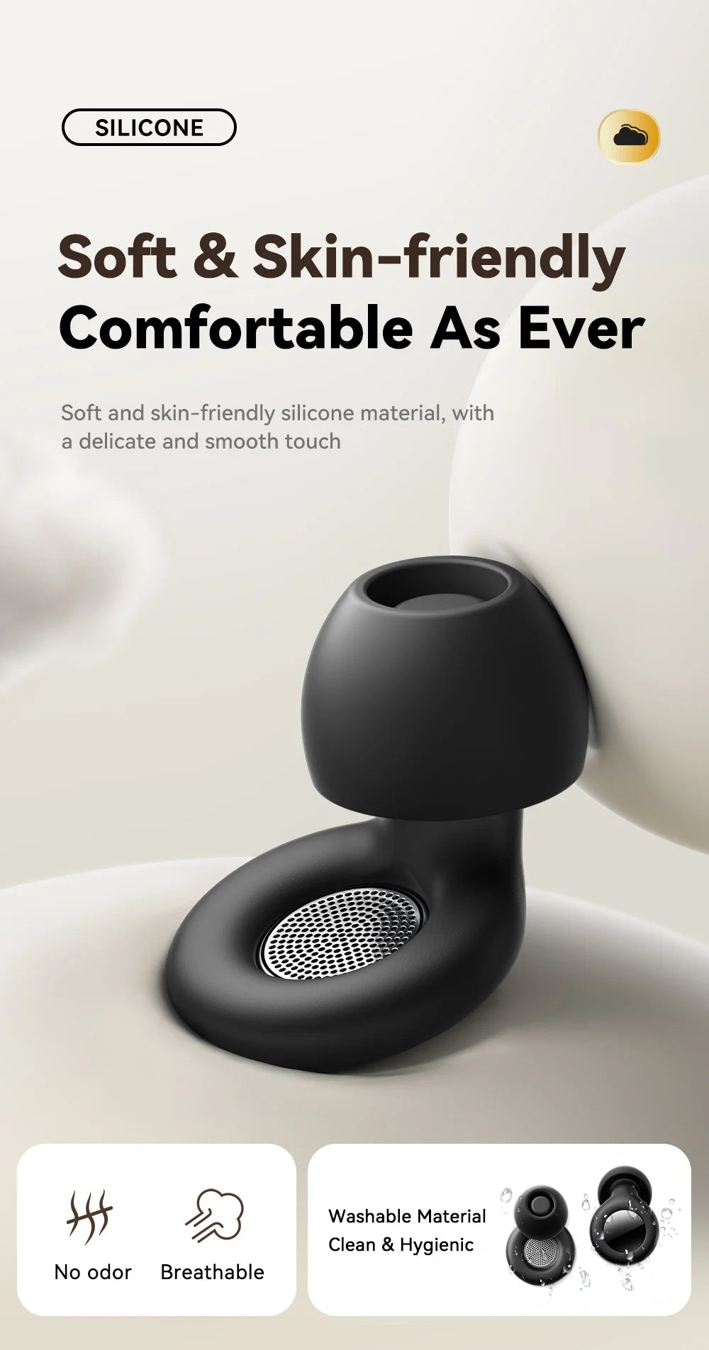 Soft silicone earplugs for sleep, study, and travel by Valour Fit, shown inserted in ears for noise reduction and comfort.