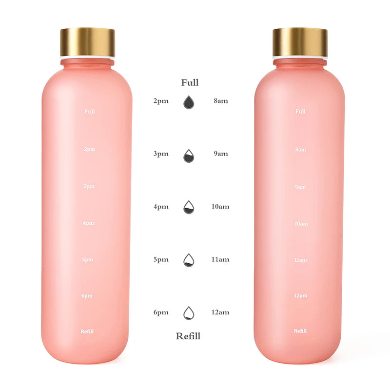 Valour Fit 1L motivational water bottle with time marker, clear plastic design and ergonomic lid for hydration tracking.
