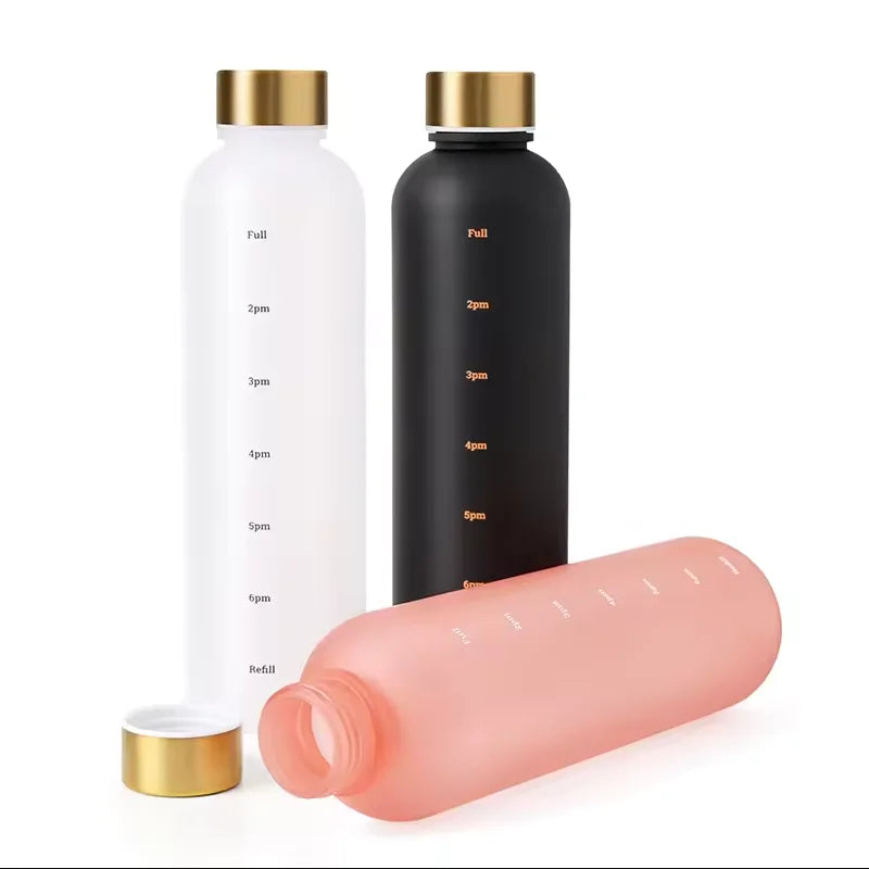 Valour Fit 1L motivational water bottle with time marker and leak-proof lid, ideal for staying hydrated throughout the day