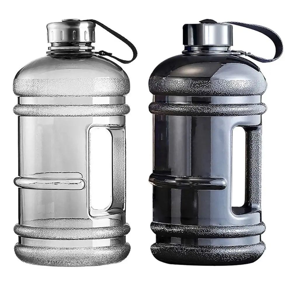 Valour Fit 2L PETG gym water bottle with carry handle, clear plastic design, and ergonomic grip for easy hydration during workouts.