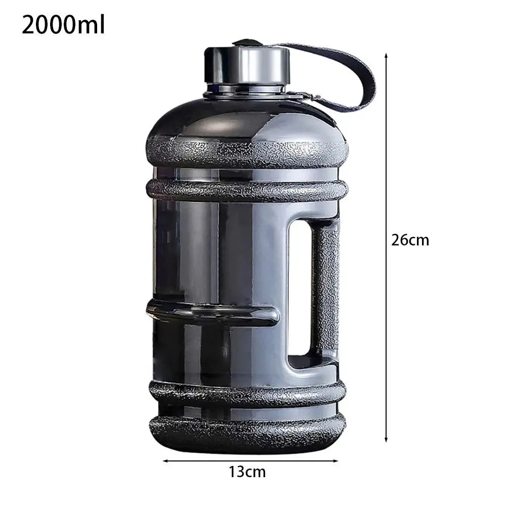Valour Fit 2L PETG gym water bottle with carry handle, clear plastic container for hydration during workouts.