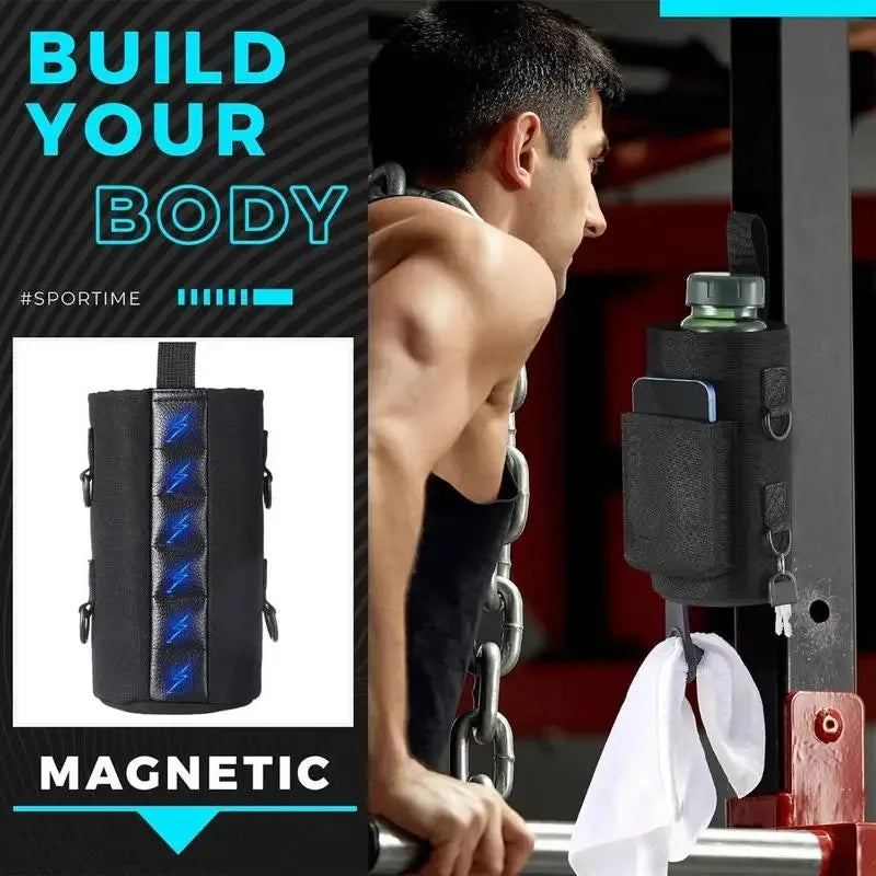 Valour Fit magnetic water bottle carrier bag for gym and outdoor use, hydration accessory with adjustable strap and secure closure