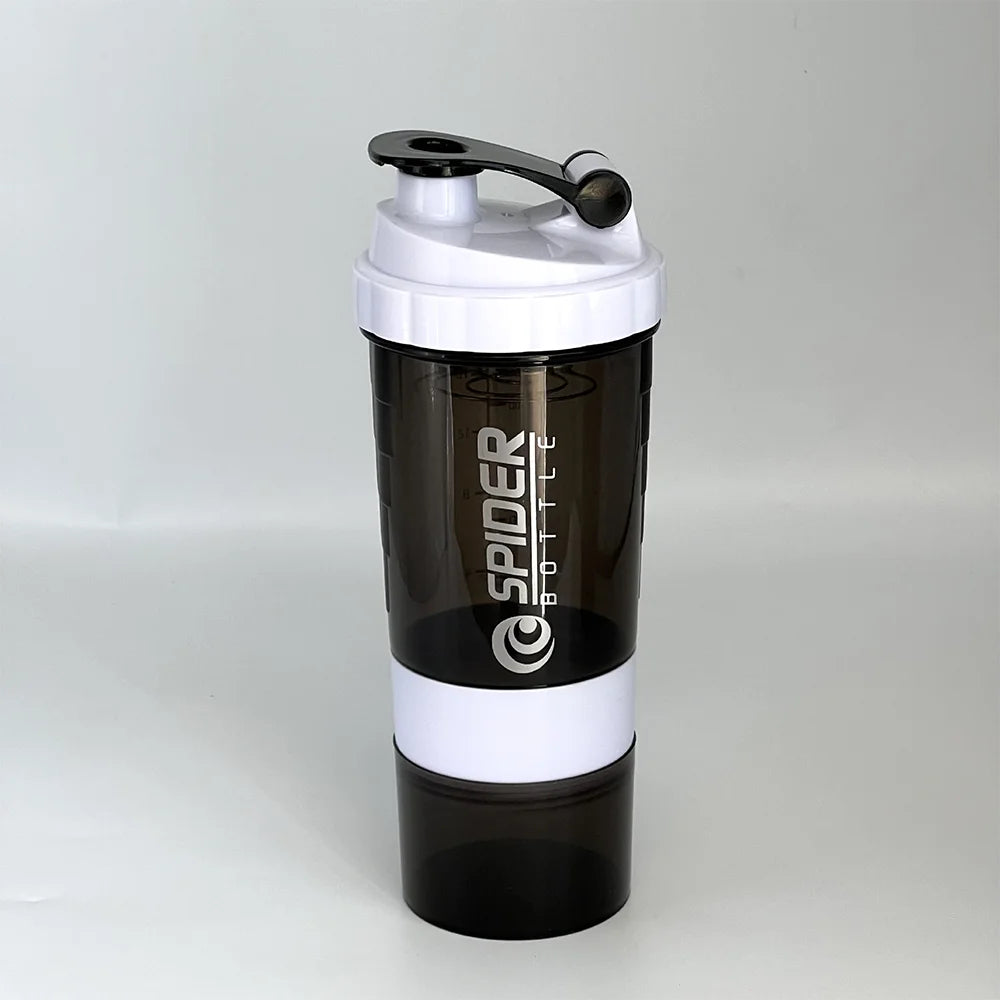 Valour Fit 3-layer protein shaker bottle with storage, featuring a leak-proof lid and compartments for supplement powders.