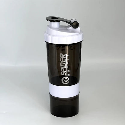 Valour Fit 3-layer protein shaker bottle with storage, featuring a leak-proof lid and compartments for supplement powders.