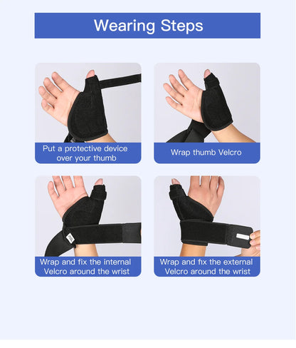 Valour Fit adjustable wrist and thumb support brace for gym and daily use, shown on a hand with open palm and supportive straps.