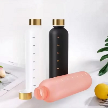Valour Fit 1L motivational water bottle with time marker, clear design, and leak-proof lid for hydration tracking.