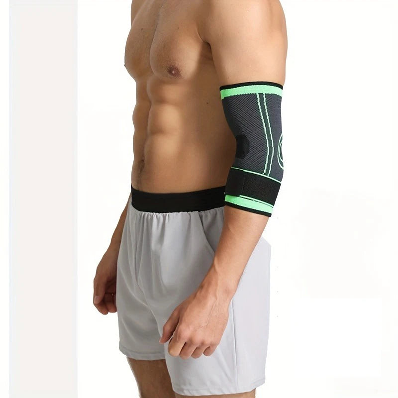 Valour Fit adjustable elbow support strap for sports, shown on a person's arm, providing stability and compression during activity.