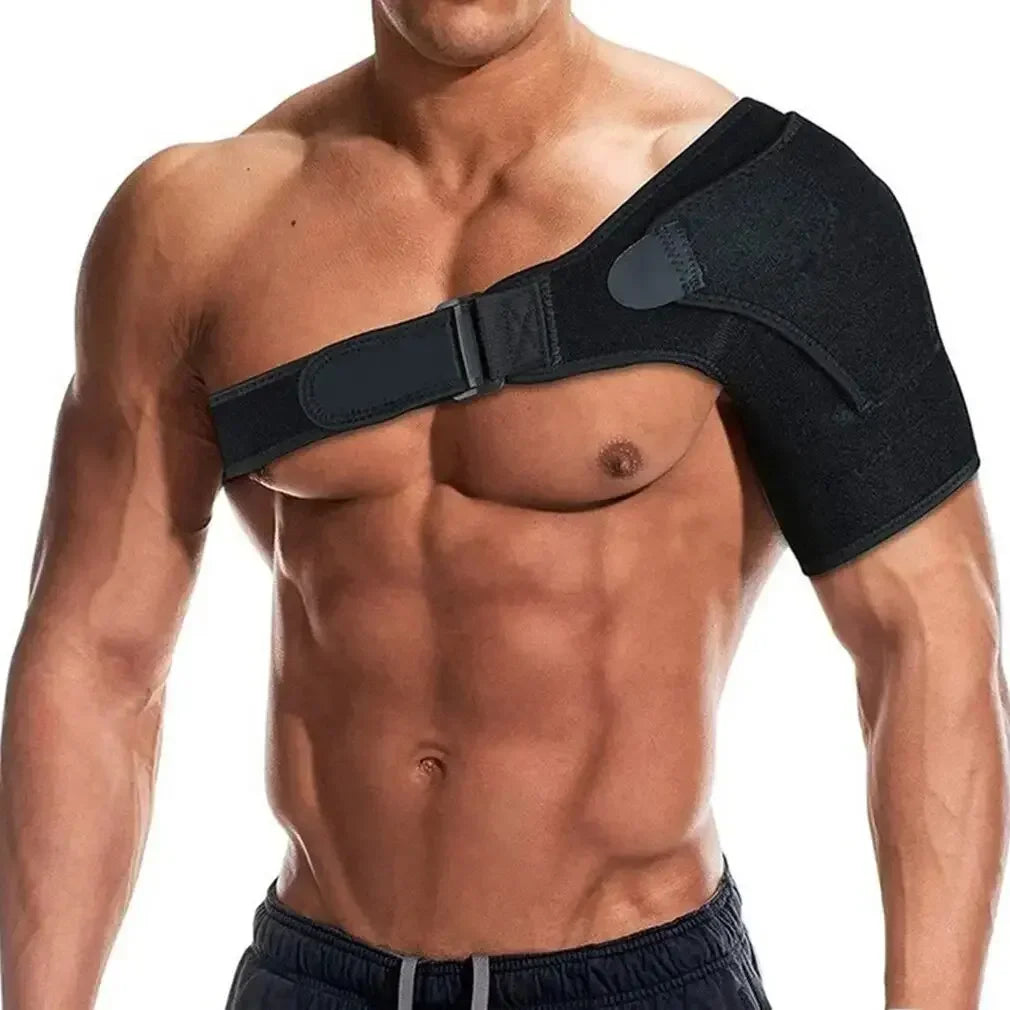 Valour Fit adjustable shoulder support brace for sports and training, shown on a person wearing it during activity.